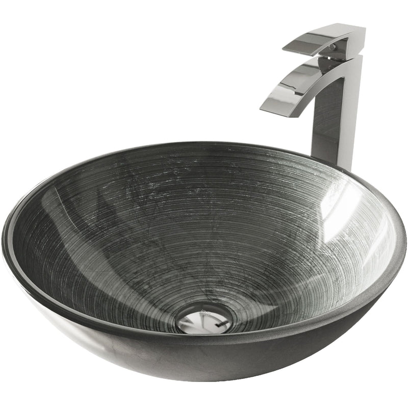 VIGO Glass Simply Silver Bathroom Sink/Basin Set with Chrome Duris Faucet and Round Vessel B1