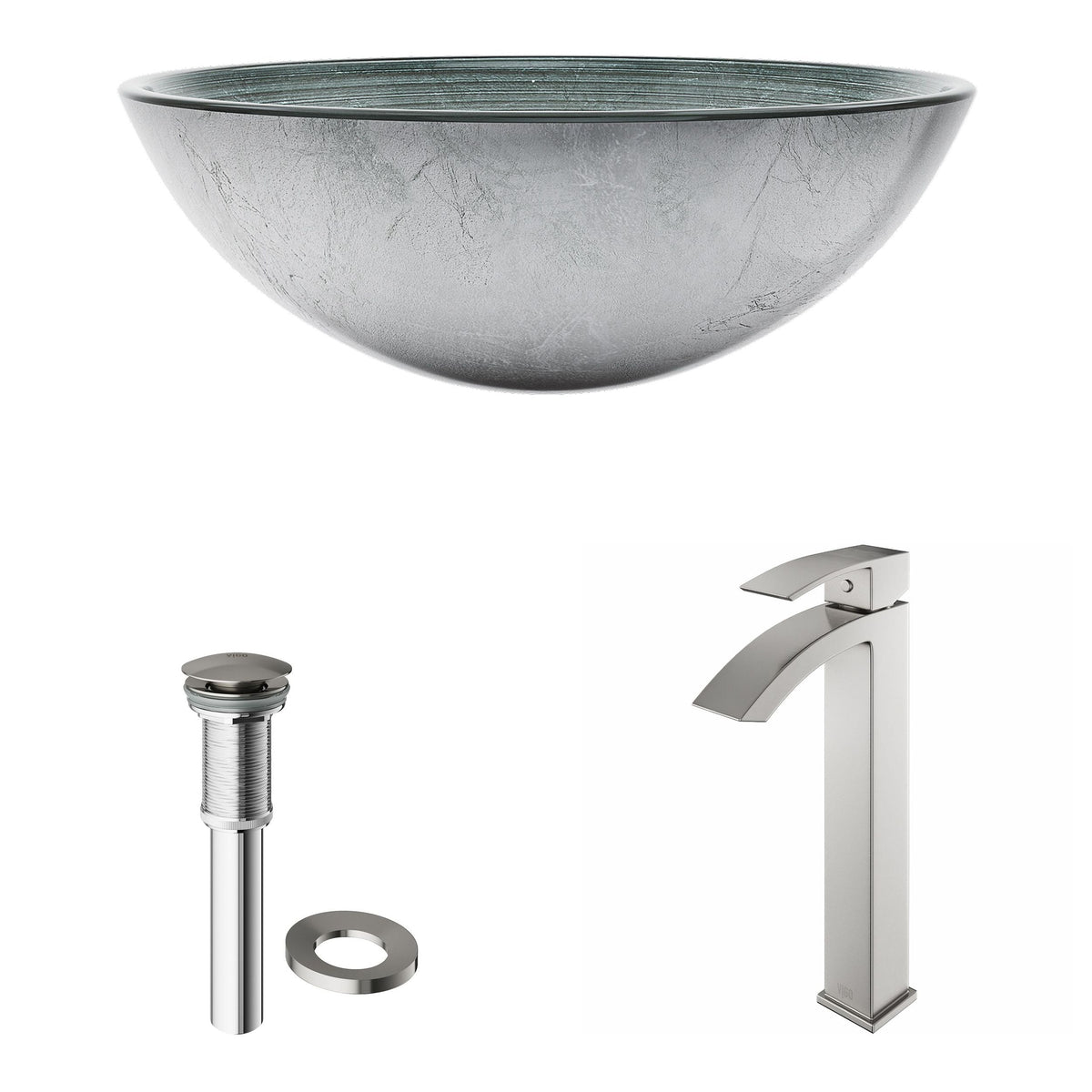 VIGO Glass Simply Silver Bathroom Sink/Basin Set with Duris Faucet and Round Vessel