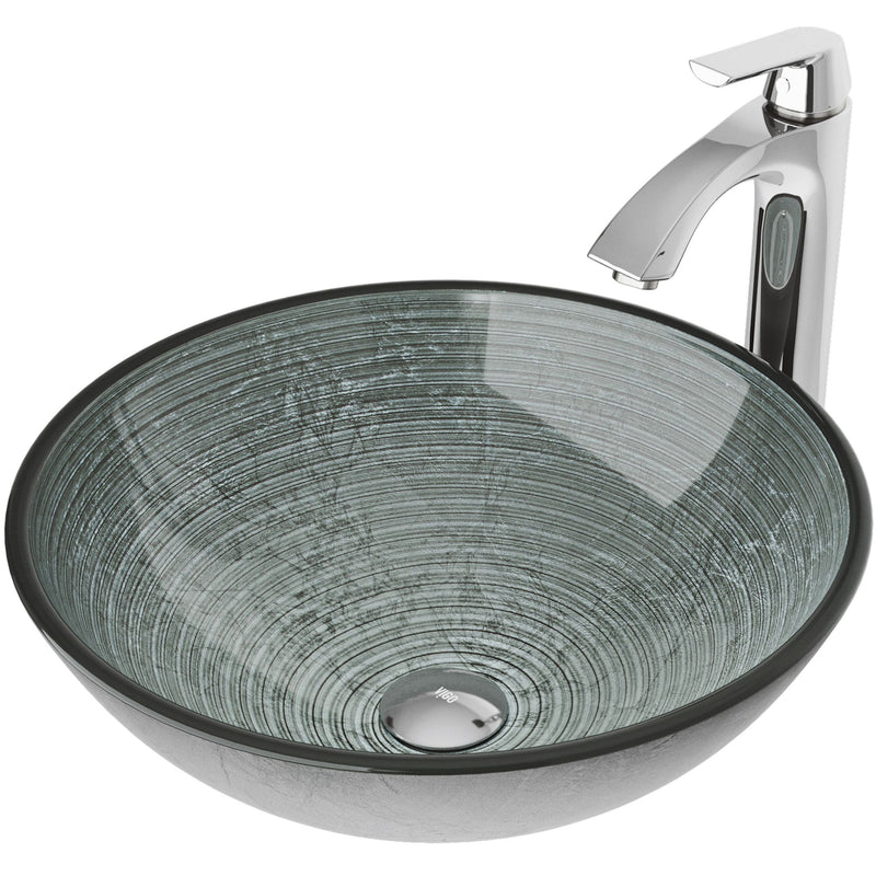 VIGO Glass Simply Silver Bathroom Sink/Basin Set with Linus Faucet and Round Vessel F0