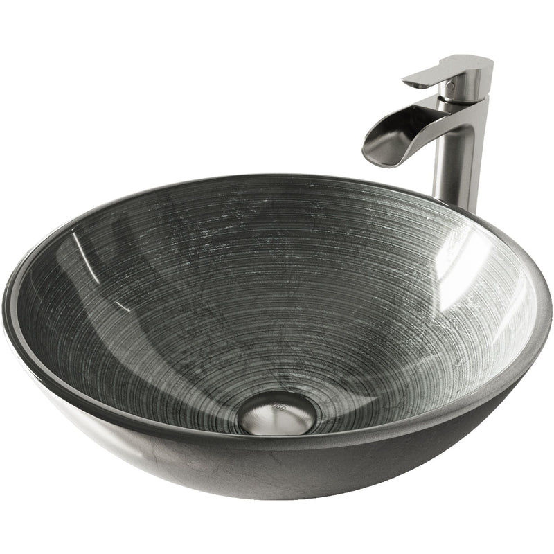 VIGO Glass Simply Silver Bathroom Sink/Basin Set with Niko Faucet and Round Vessel E4