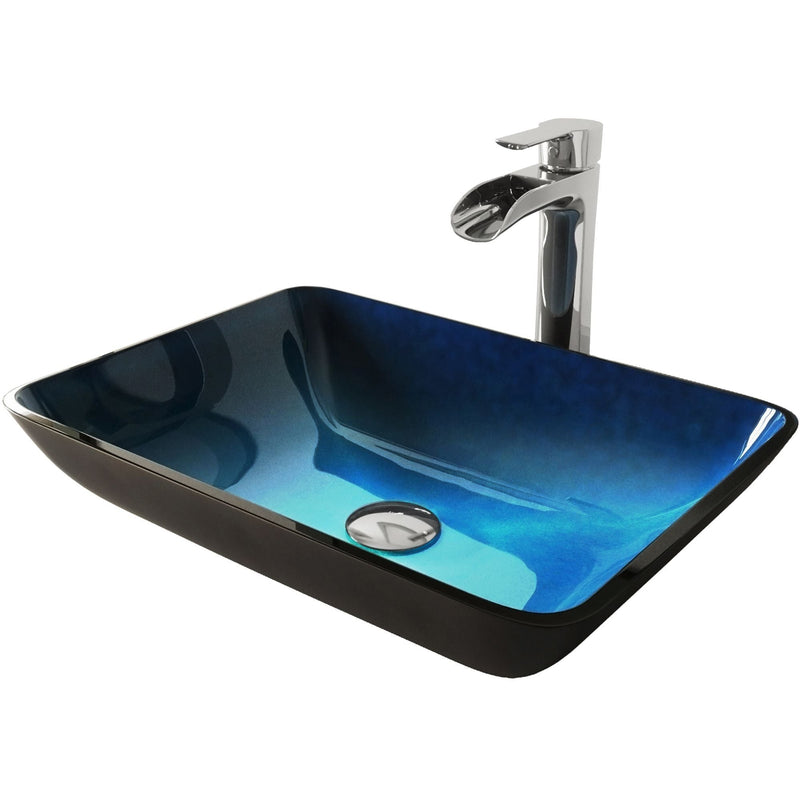 VIGO Glass Turquoise Water Bathroom Sink/Basin Set with Niko Faucet and Rectangular Vessel H3