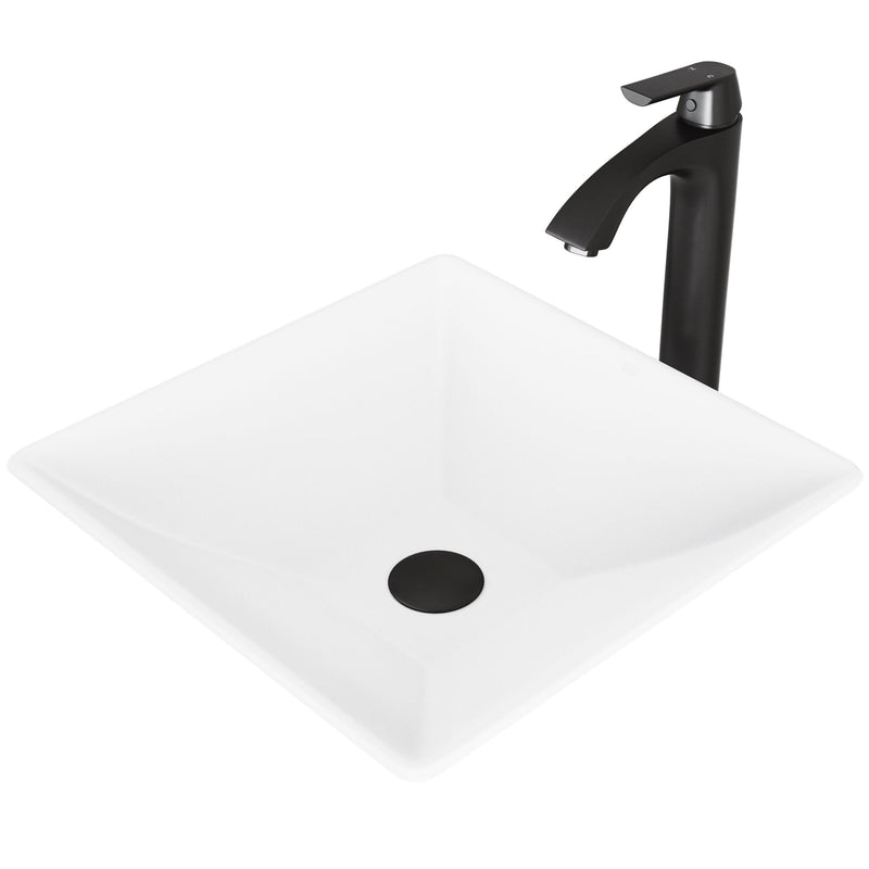 VIGO Hibiscus MatteStone White Bathroom Sink/Basin Set with Linus Faucet and Square Composite Vessel J4