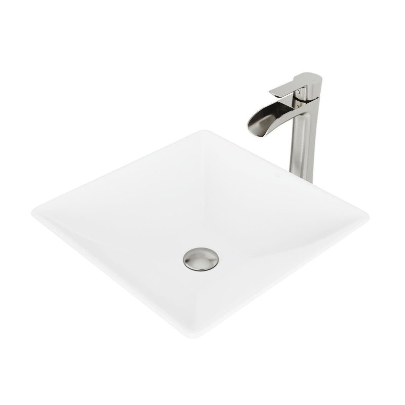 VIGO Hibiscus MatteStone White Bathroom Sink/Basin Set with Niko Faucet and Square Composite Vessel K2