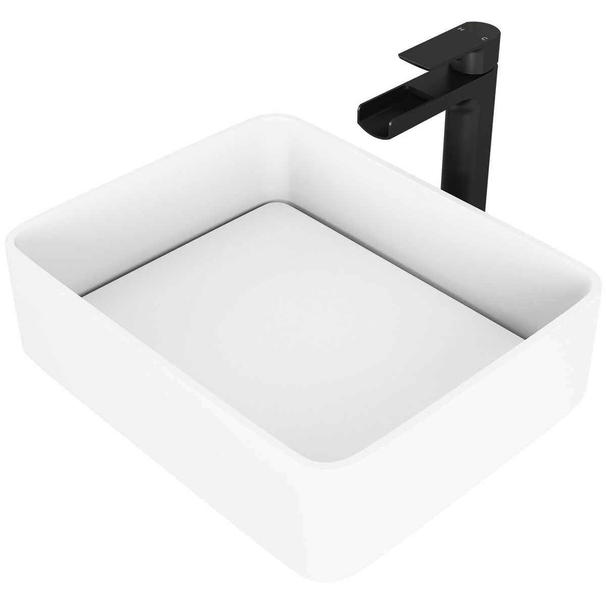 VIGO Jasmine MatteStone White Bathroom Sink/Basin Set with Amada Faucet and Rectangular Composite Vessel