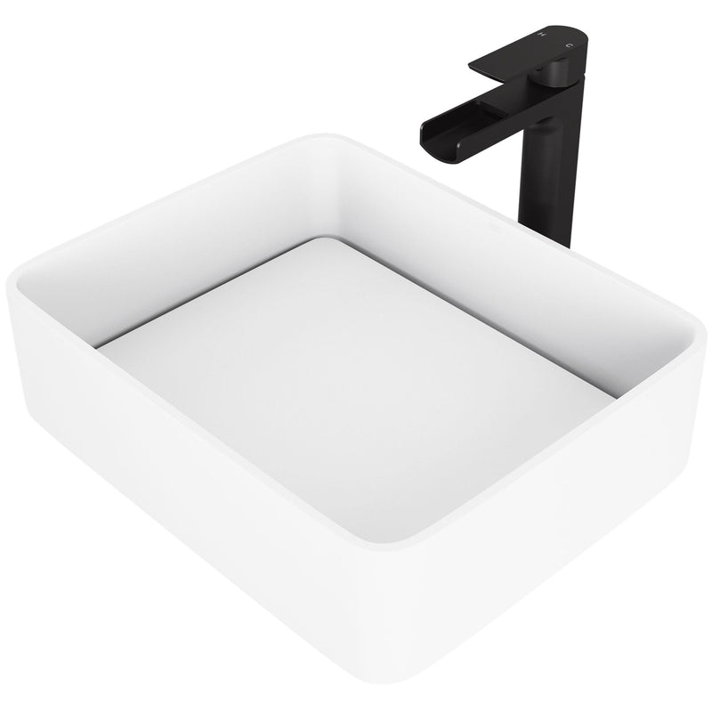 VIGO Jasmine MatteStone White Bathroom Sink/Basin Set with Amada Faucet and Rectangular Composite Vessel Y6