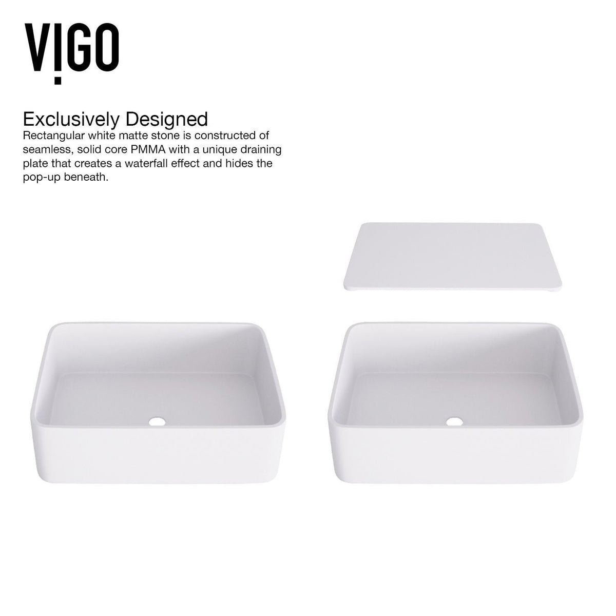VIGO Jasmine MatteStone White Bathroom Sink/Basin Set with Amada Faucet and Rectangular Composite Vessel