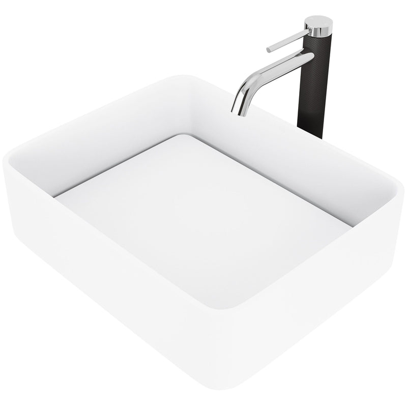 VIGO Jasmine MatteStone White Bathroom Sink/Basin Set with Lexington Faucet and Rectangular Composite Vessel I3