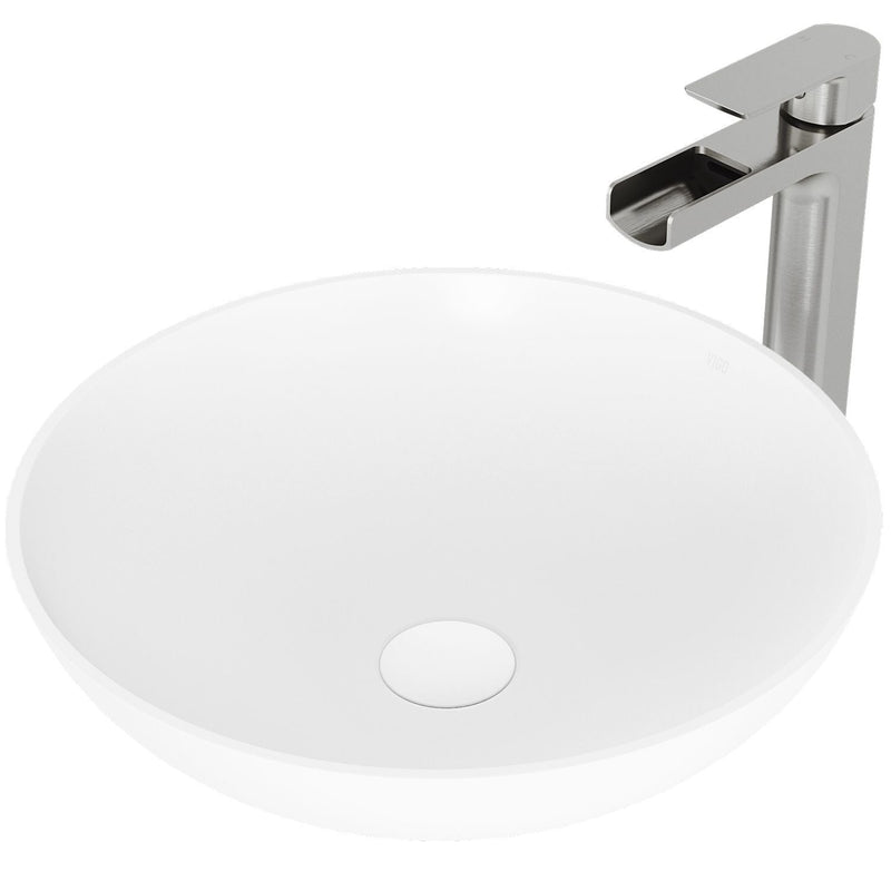 VIGO Lotus MatteStone Round White Composite Bathroom Sink/Basin Set with Amada Faucet and Pop-Up Drain W8