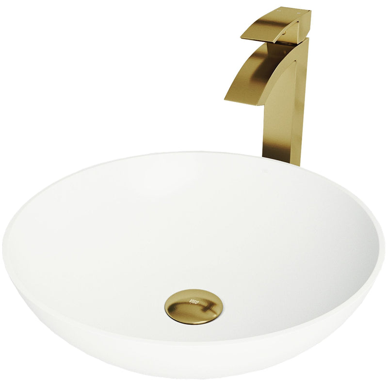 VIGO Lotus MatteStone Round White Composite Bathroom Sink/Basin Set with Duris Faucet and Pop-Up Drain O7