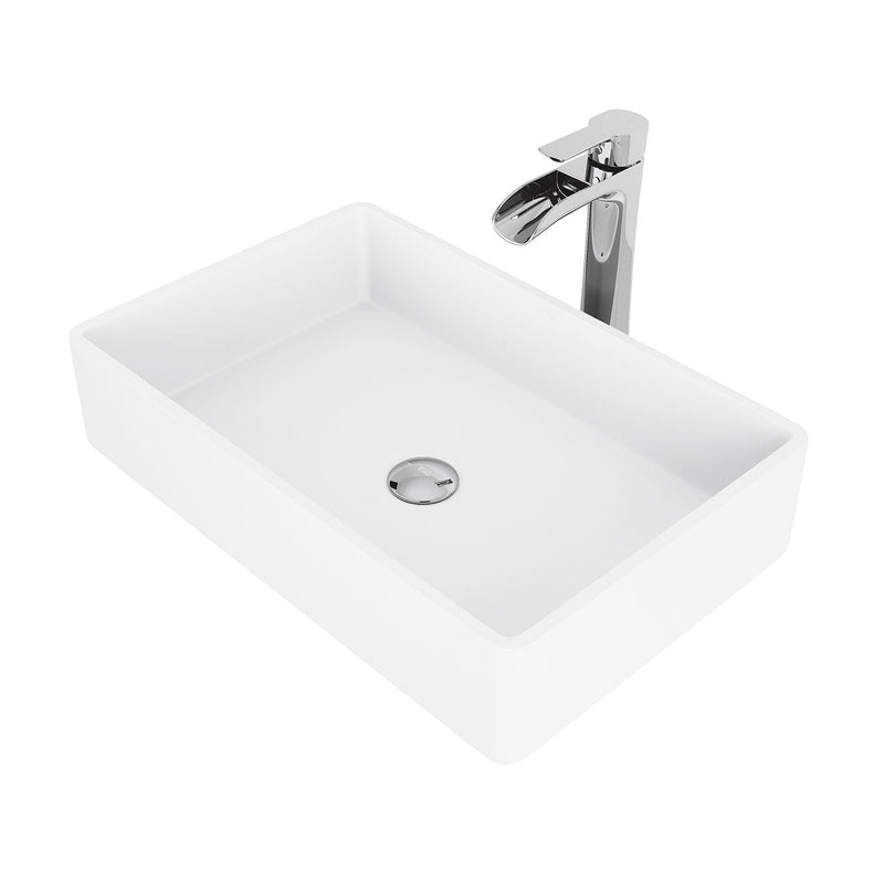 VIGO Magnolia MatteStone White Bathroom Sink/Basin Set with Niko Faucet and Rectangular Composite Vessel C0