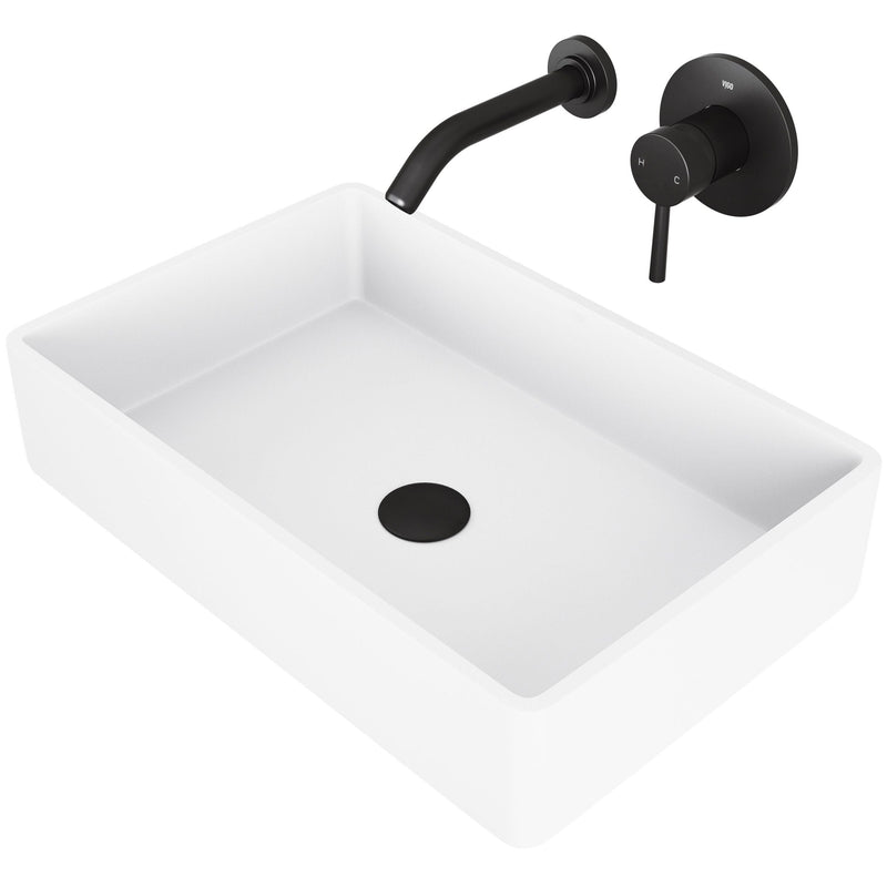 VIGO Magnolia MatteStone White Bathroom Sink/Basin Set with Olus Wall Mount Faucet and Rectangular Composite Vessel H1