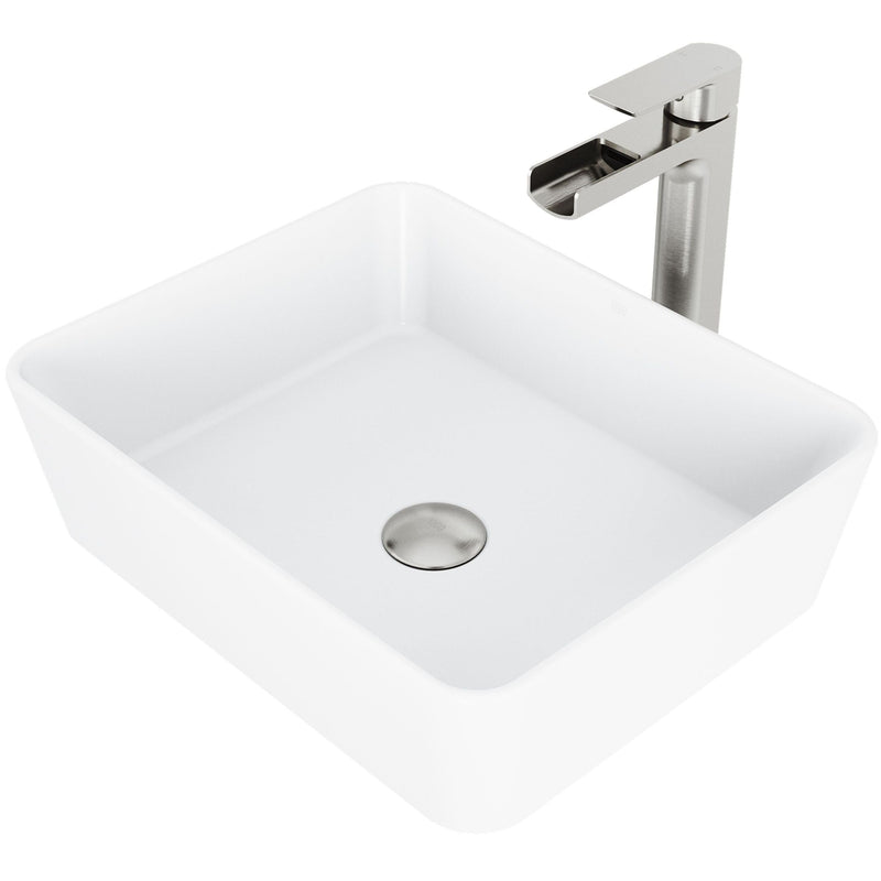 VIGO Marigold MatteStone Matte White Bathroom Sink/Basin Set with Amada Faucet and Rectangular Composite Vessel O3