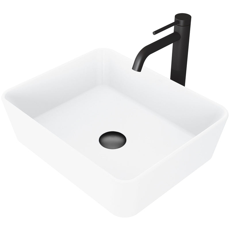 VIGO Marigold MatteStone Matte White Bathroom Sink/Basin Set with Lexington Faucet and Rectangular Composite Vessel C1