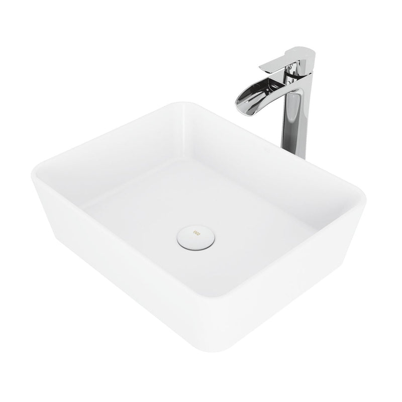 VIGO Marigold MatteStone Matte White Bathroom Sink/Basin Set with Niko Faucet and Rectangular Composite Vessel P8
