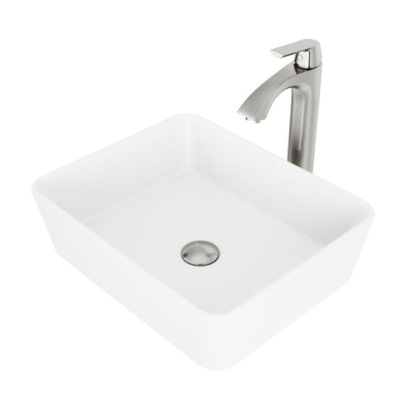 VIGO Marigold MatteStone White Bathroom Sink/Basin Set with Linus Faucet and Rectangular Composite Vessel L0