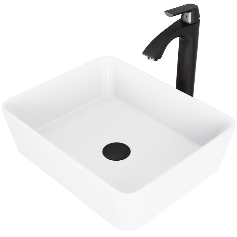 VIGO Marigold MatteStone White Bathroom Sink/Basin Set with Matte Black Linus Faucet and Rectangular Composite Vessel X3