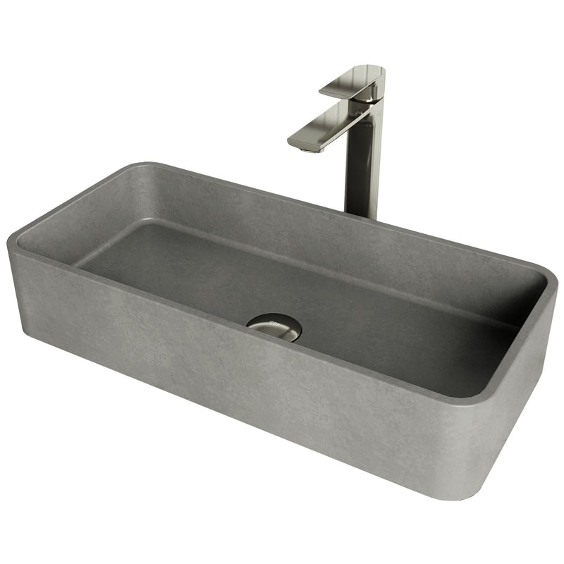 VIGO Palazzo Gothic ConcretoStone Grey Bathroom Sink/Basin Set with Niko Faucet and Rectangular Vessel Q5