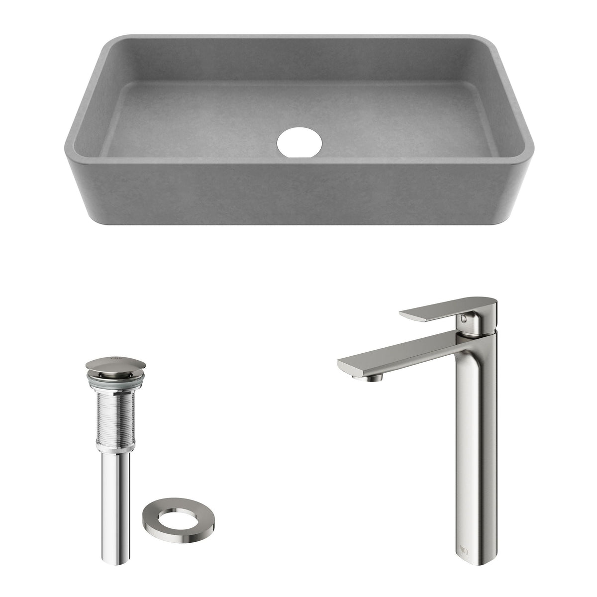 VIGO Palazzo Gothic ConcretoStone Grey Bathroom Sink/Basin Set with Niko Faucet and Rectangular Vessel