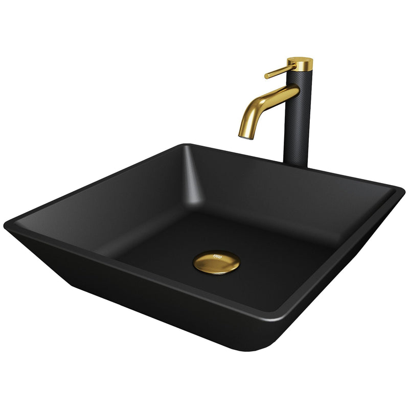 VIGO Roma MatteShell Matte Black Bathroom Sink/Basin Set with Lexington Faucet and Glass Square Vessel B1