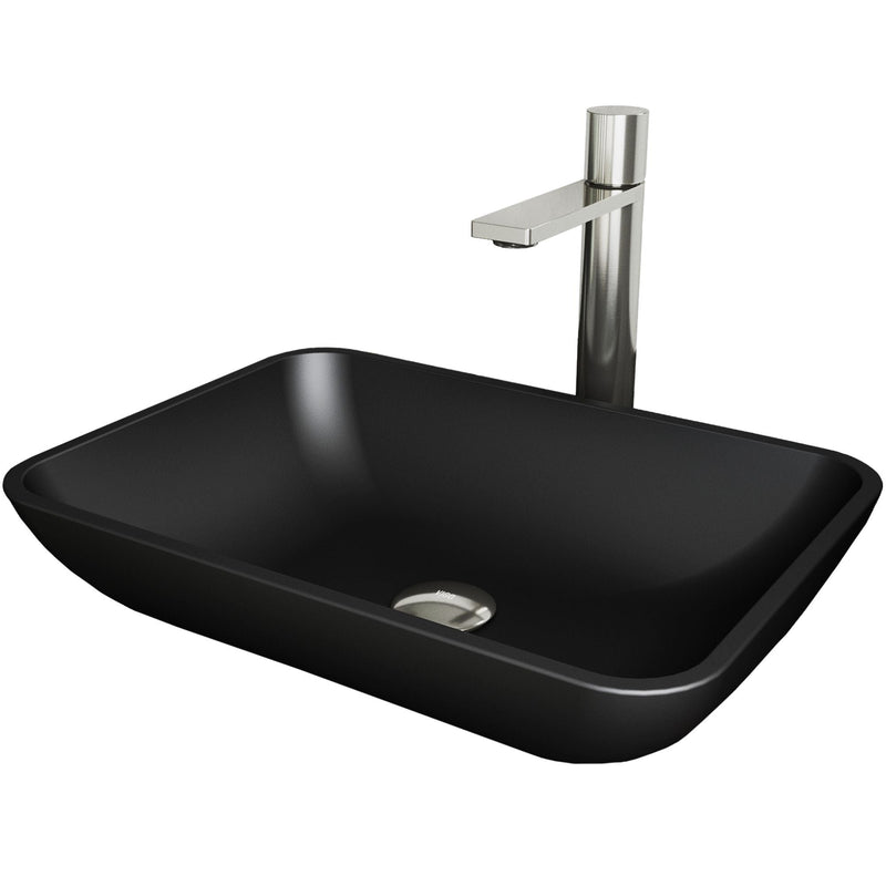 VIGO Sottile MatteShell Matte Black Bathroom Sink/Basin Set with Gotham Faucet and Glass Rectangular Vessel M0