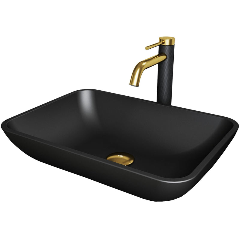 VIGO Sottile MatteShell Matte Black Bathroom Sink/Basin Set with Lexington Faucet and Glass Rectangular Vessel N9