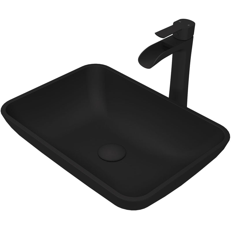 VIGO Sottile MatteShell Matte Black Bathroom Sink/Basin Set with Niko Faucet and Glass Rectangular Vessel B9