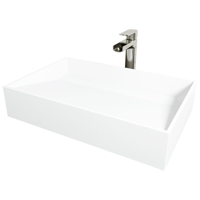VIGO Starr Glass MatteStone White Bathroom Sink/Basin Set with Amada Faucet and Rectangular Composite Vessel L8