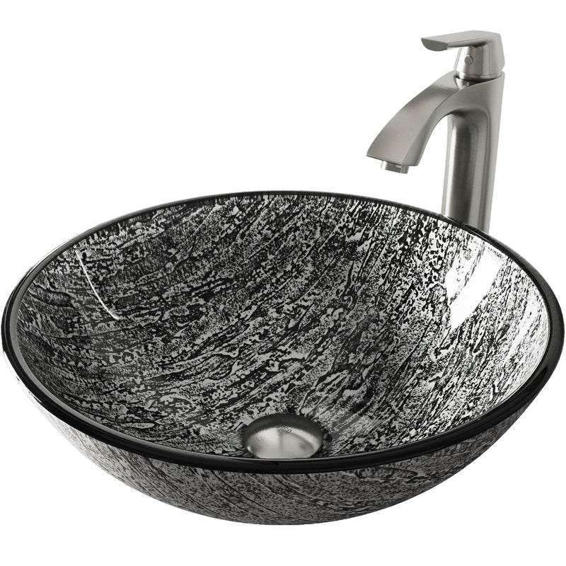 VIGO Titanium Glass Slate Grey Bathroom Sink/Basin Set with Linus Faucet and Round Vessel A3
