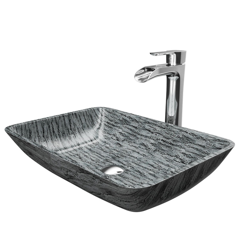 VIGO Titanium Glass Slate Grey Bathroom Sink/Basin Set with Niko Faucet and Rectangular Vessel R6