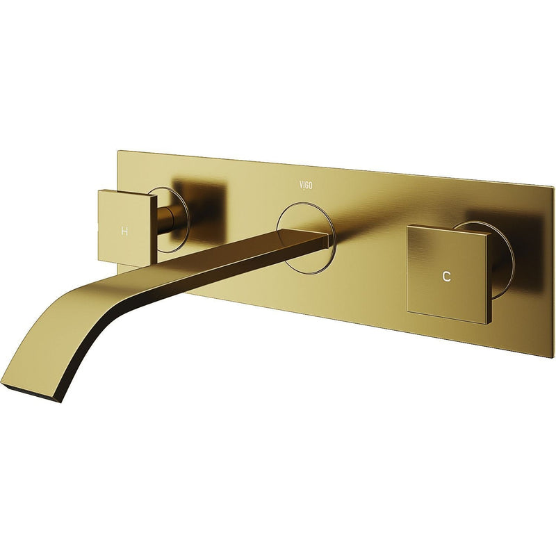 VIGO Titus Wall Mount Dual Handle Bathroom Sink Faucet, Eco-Friendly 1.2 GPM Flow Rate, Matte Brushed Gold J9