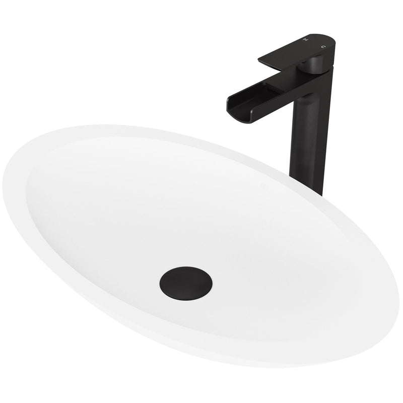 VIGO Wisteria MatteStone White Bathroom Sink/Basin Set with Amada Faucet and Oval Composite Vessel D6