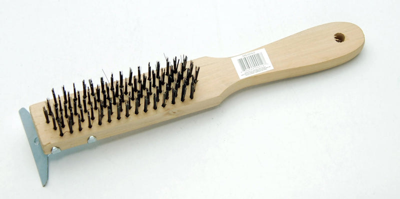 Wooden 5-Row Carbon Steel Wire Brush with Metal Scraper, Cleans/Removes Paint, Rust & Dirt T6