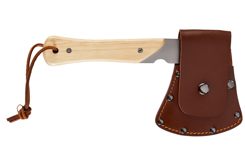 Woods Mini Pack Axe, Steel Single-Bit Hatchet Axe with Wooden Handle, Leather Sheath & Strap C5