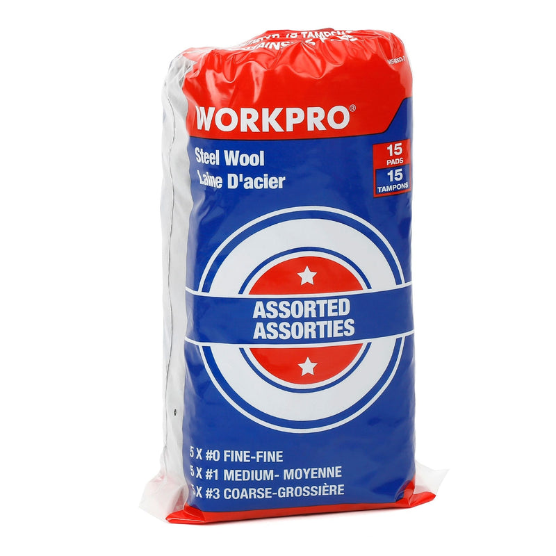 Workpro Steel Wool Pads For Multi-Surface Smoothing & Cleaning, Assorted Grade Pack, 15-pk I8