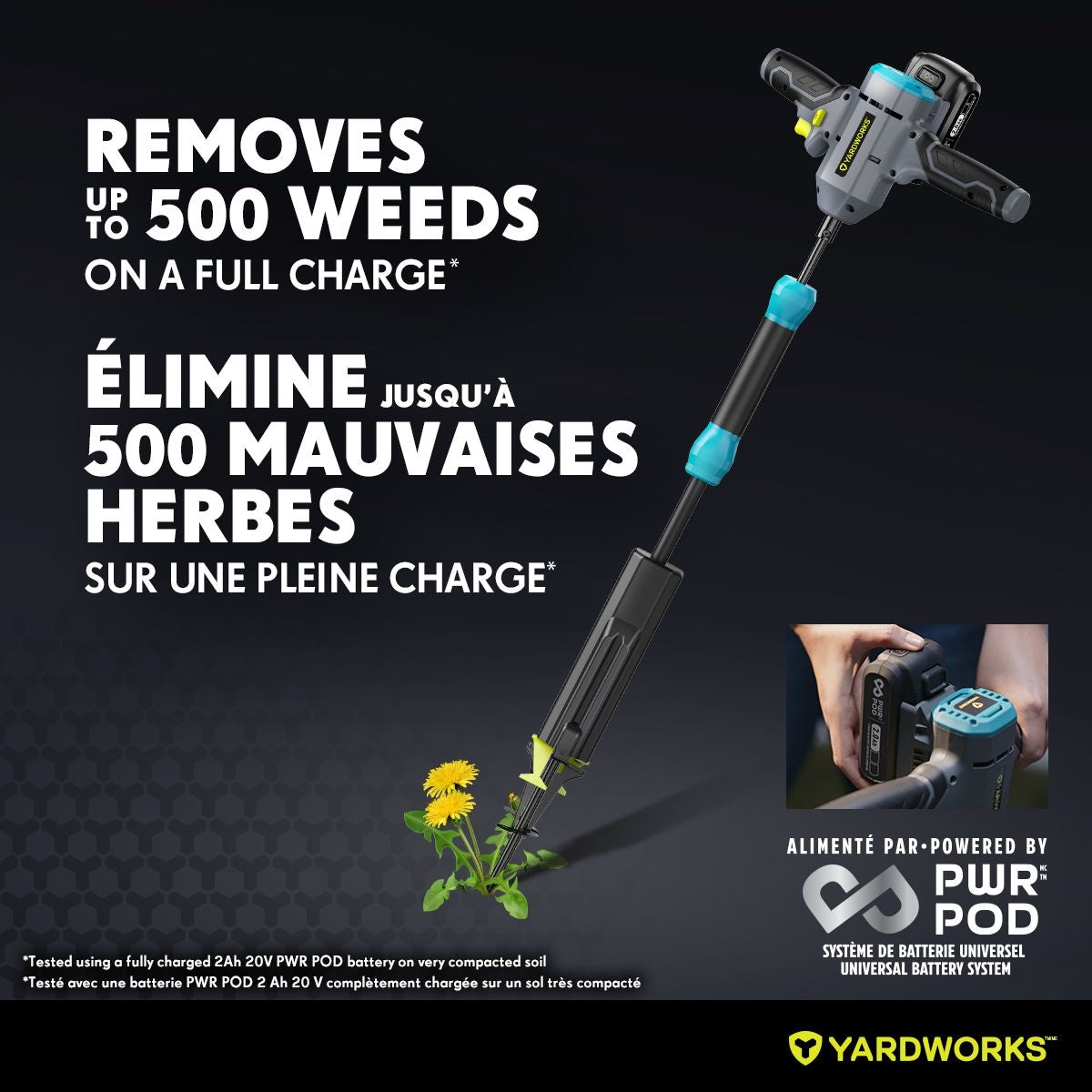 Yardworks 20V Cordless Lawn Weeder, with PWR POD 2.0Ah Battery and Charger
